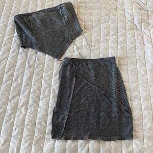 NWT Lambert grey black metallic stretchy set bandeau smocked back top skirt